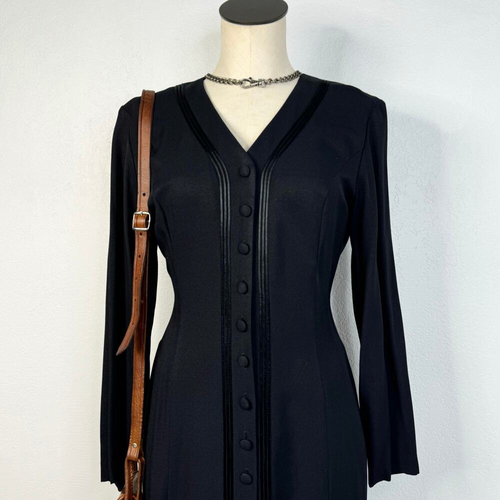 Vintage 80s 90s Black Button Front V-Neck Dress With Waist Tie Whimsigoth - Picture 3 of 6